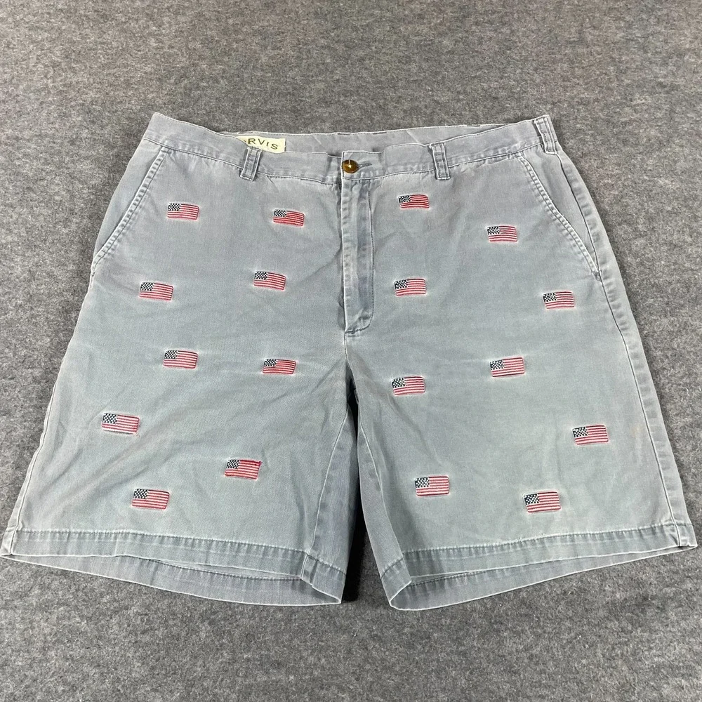 Orivis Shorts Mens 40 Blue Faded Flat Front USA Flag Embroidered Retro Fishing